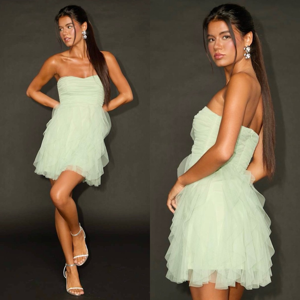 NWT‎ LULUS Mint Ruffled Tulle Sweetheart Neck Strapless Fairycore Puff Dress XXL